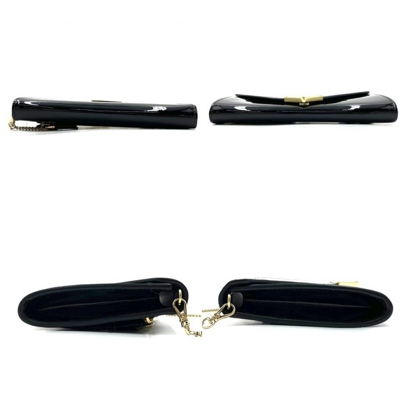 Prada Mini Bag Chain Shoulder Flap Bag Triangle Logo Patent Leather Black Gold - Picture 3 of 9